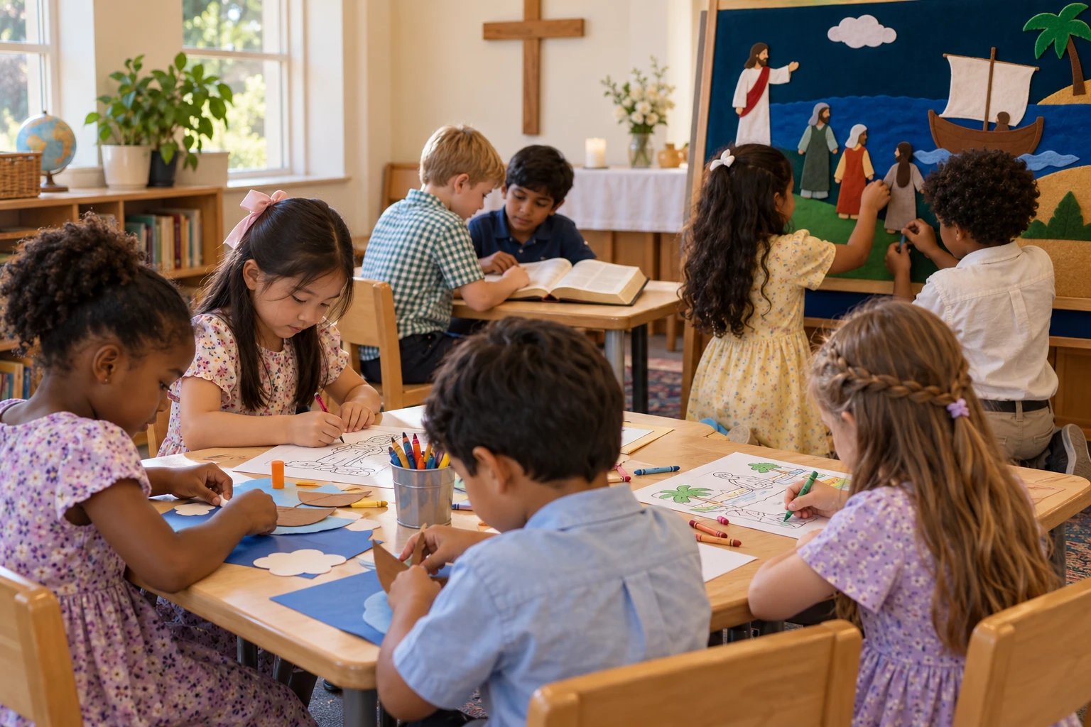 Children in Sunday school doing Bible crafts and reading
